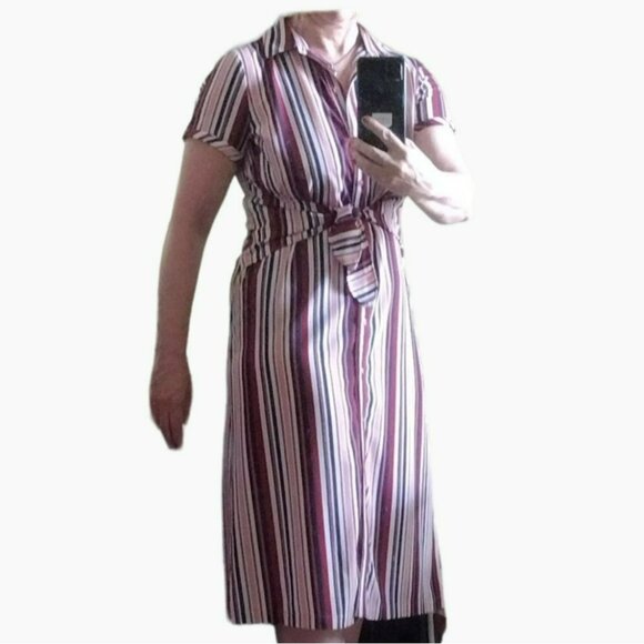 AGB Tie-Front Shirt Dress, Size 6, Striped Red Blue Cream, July 4th Patriotic - Picture 2 of 6